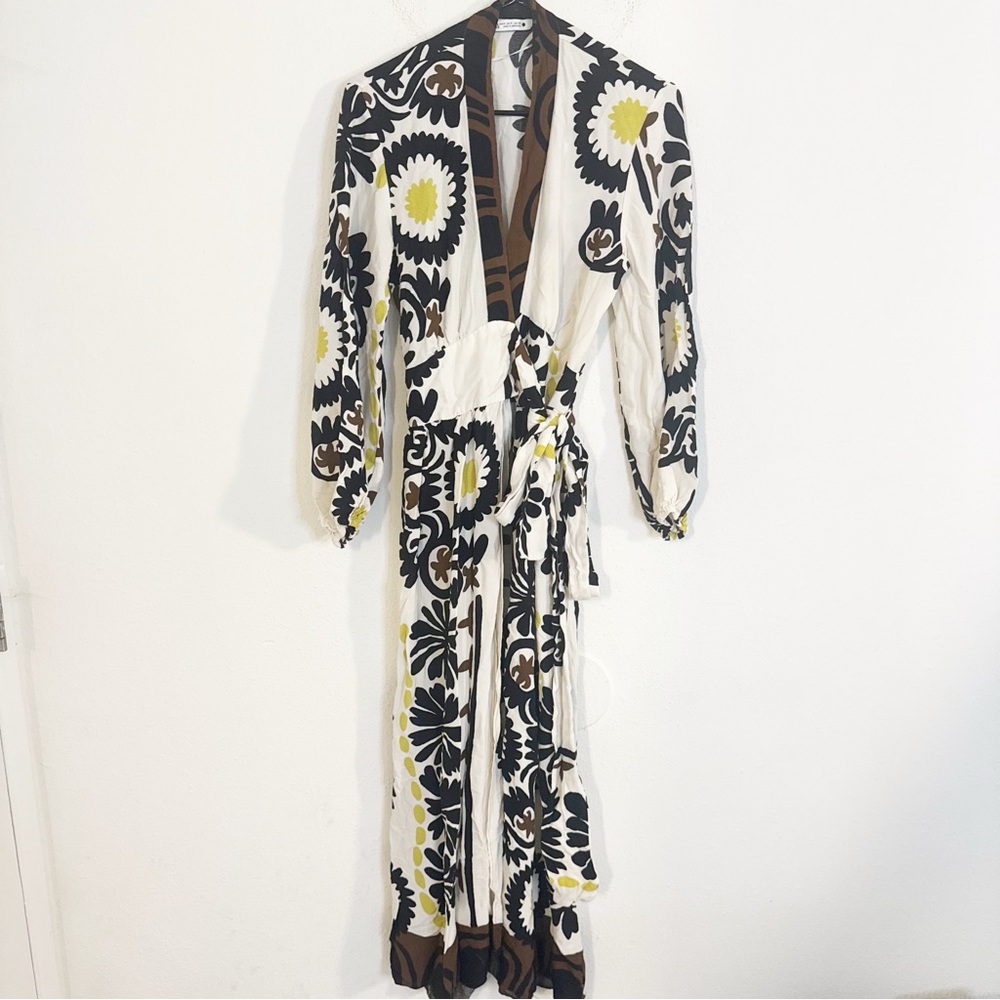 Zara printed wrap maxi gown long sleeve ecru dress - Picture 9 of 13